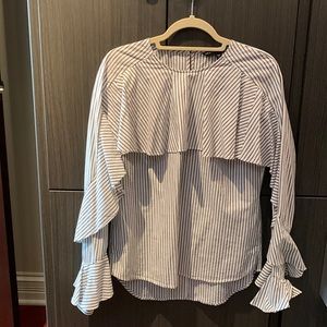 Veronica Beard blue and white striped ruffle detail blouse.